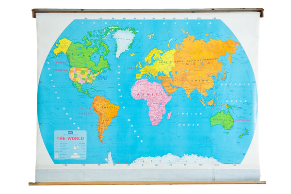 Vintage Modern School World Pull Down Map