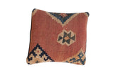 Handmade Kilim Pillow, faded terracotta and blue geometric antique Kilim fragment, 12x12.