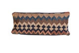 Antique Kilim lumbar pillow with faded blue, brown, beige stepped patterns, 10x24.
