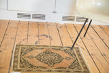 Vintage 1930s Tabriz rug mat, abrashed copper field, scalloped medallion, meandering leaf border.