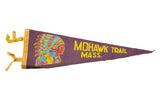 Vintage Mohawk Trail Massachusetts felt banner, purple with yellow text and American Indian headdress graphic.
