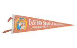 Terracotta vintage Eastern States Exposition felt banner featuring woman and horse graphic, 9x26 inches.