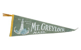 Vintage Mt. Greylock Mass. felt flag banner, sage green with War Memorial Beacon graphic, 9x26 inches.