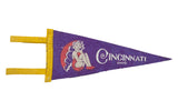 Vintage Cincinnati Ohio felt banner, purple with yellow trim, red swimsuit swimmer graphic.