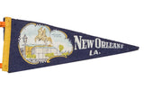 Left side of vintage New Orleans felt banner with Jackson Statue graphic and yellow binding.