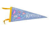 Vintage Kentucky Bluegrass State felt banner, light blue with colorful horse and bird graphics.