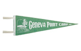 Vintage green felt pennant for Geneva Point Camp, white graphic, 8x23.