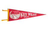 Vintage Key West Florida felt banner in red and white, 1950s, depicting the New Overseas Highway.