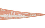 Peach felt vintage banner showing white Almirante Latorre boat and '28,000 TONS' text.