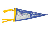 Vintage 1950s Ohio Turnpike felt pennant, blue, yellow trim, toll plaza graphic.