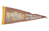 Vintage Benjamin Franklin Memorial felt banner, brown, yellow border, white building graphic.