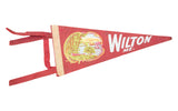 Vintage Wilton ME felt flag banner with a colorful boat and tree landscape, circa 1950s.
