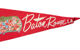White 'Baton Rouge, LA' script on vintage red felt pennant tip, circa 1950s.