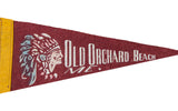 American Indian headdress graphic detail on vintage burgundy felt flag banner with yellow trim.