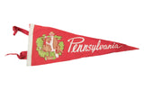 Vintage red felt Pennsylvania pennant with Amish family graphic, 5x11 inches.