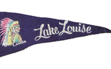 Close-up of vintage felt Lake Louise banner, showing vibrant headdress graphic and 'CANADA' text.
