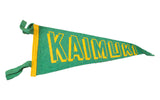 Vintage Kaimuki Hawaii felt flag banner, green with yellow Kaimuki lettering, 1950s.