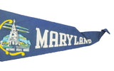 Royal blue felt pennant with bold white MARYLAND text and tapered end.