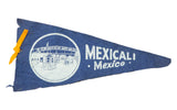 Vintage Mexicali Mexico blue felt flag banner, white border graphic, 6x12 inches.