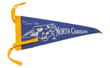 Vintage blue North Carolina pennant with yellow trim, white state graphics, 4.5