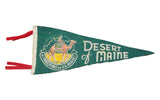 Vintage Desert of Maine felt flag banner, green with man on camel graphic, 6.5 x 12 inches.