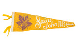 Yellow felt Saint John NB Canada pennant, sparkly maple leaf text, missing tip, 6x18.