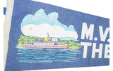 Vintage M.V. Mount Washington felt banner showing blue, red ship graphic with print cracks.