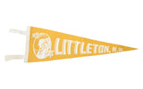 Vintage Littleton NH felt flag banner, mustard yellow with white text and mountain graphic.