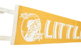 Mustard yellow felt Littleton banner with white hanging loops and graphic detail.