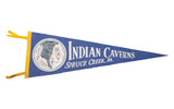 Vintage royal blue felt banner, Indian Caverns Spruce Creek PA, featuring unusual American Indian graphic.