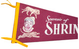 Detail view of the clown, lion, and tiger graphics on the vintage Shrine Circus pennant.