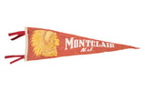 Vintage Montclair NJ felt flag banner, rust-red with yellow American Indian headdress graphic.