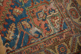 Antique Serapi runner: traditional geometric border in beige, blue, red, green, showing foundation.