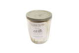 Antique Jelly Jar Soy Candle with Earth scent, clear ribbed glass, and grey zinc lid.