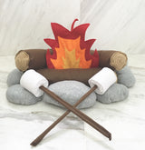 Kids Campfire Toy: felt flames, brown logs, gray rocks, two roasting marshmallows.