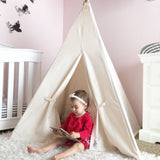 Upper section of the Natural Canvas Teepee, showing the natural color fabric, seams, and tag.
