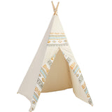 Kids Southwestern Teepee, natural canvas with light blue and orange geometric pattern, 5ft tall.