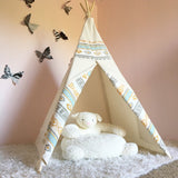 White kids teepee, front opening with blue, gray, and gold Southwestern pattern.