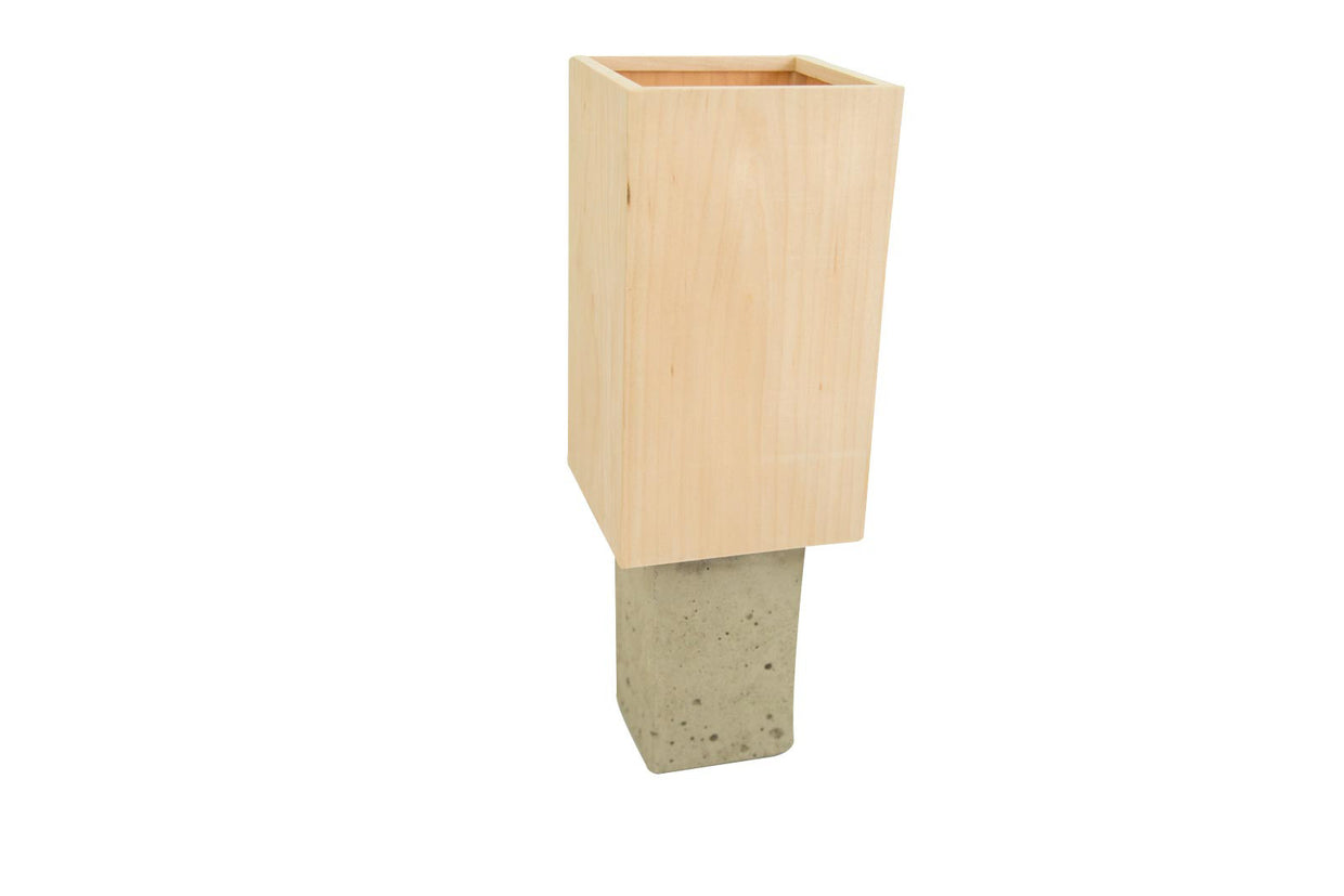 Modern Concrete Table Lamp, light maple wood veneer shade, speckled grey base, 4.5x13 inches.