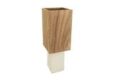Modern rectangular table lamp with white plaster base and walnut veneer. 13 inches high.