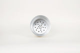 Modern aluminum planter's perforated silver self-watering reservoir.