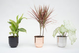Copper finish of the Modern Aluminum Planter 8 inch, shown with black and silver.