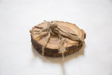 Natural Wooden Coaster Pair, live edge bark, stacked, tied with rustic twine, 4-5 inches.