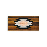 Large reclaimed wood art with Southwestern starburst pattern in brown, black, whitewashed, and copper, 33x15.5 inches.