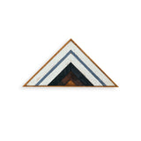 Triangular reclaimed wood wall art with cornflower blue, white, and dark chevron pattern.