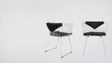 Black vegan leather Captain Chair bikini pads shown fitted on two white chairs.