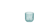 Aqua blue sculptural wire basket with vertical lines and curved concentric base, 8 inches.