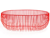 Modern red wire basket detail with close view of curved rim and vertical bars.