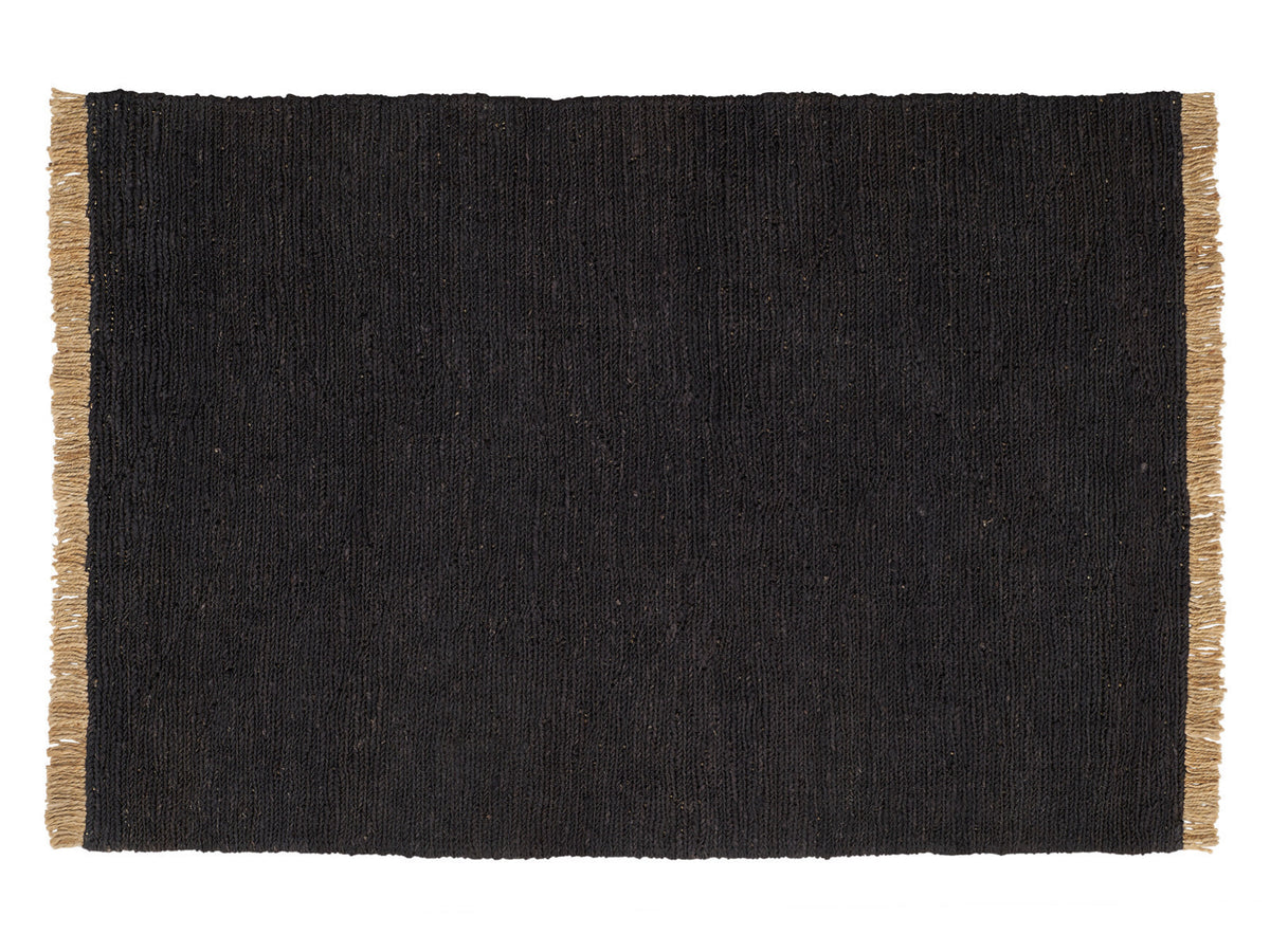 Thick charcoal hemp Sahara weave area rug with natural fringe, 4'7" x 6'7".