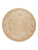 Natural beige round hemp rug, featuring an intricate Dandelion weave, 7 feet.